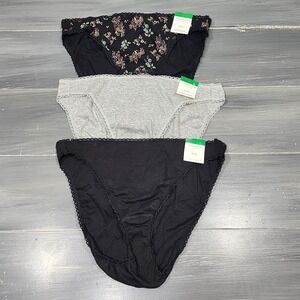 Charter Club Intimates Bikini Panties Underwear 3 Pair Black Floral Grey Large